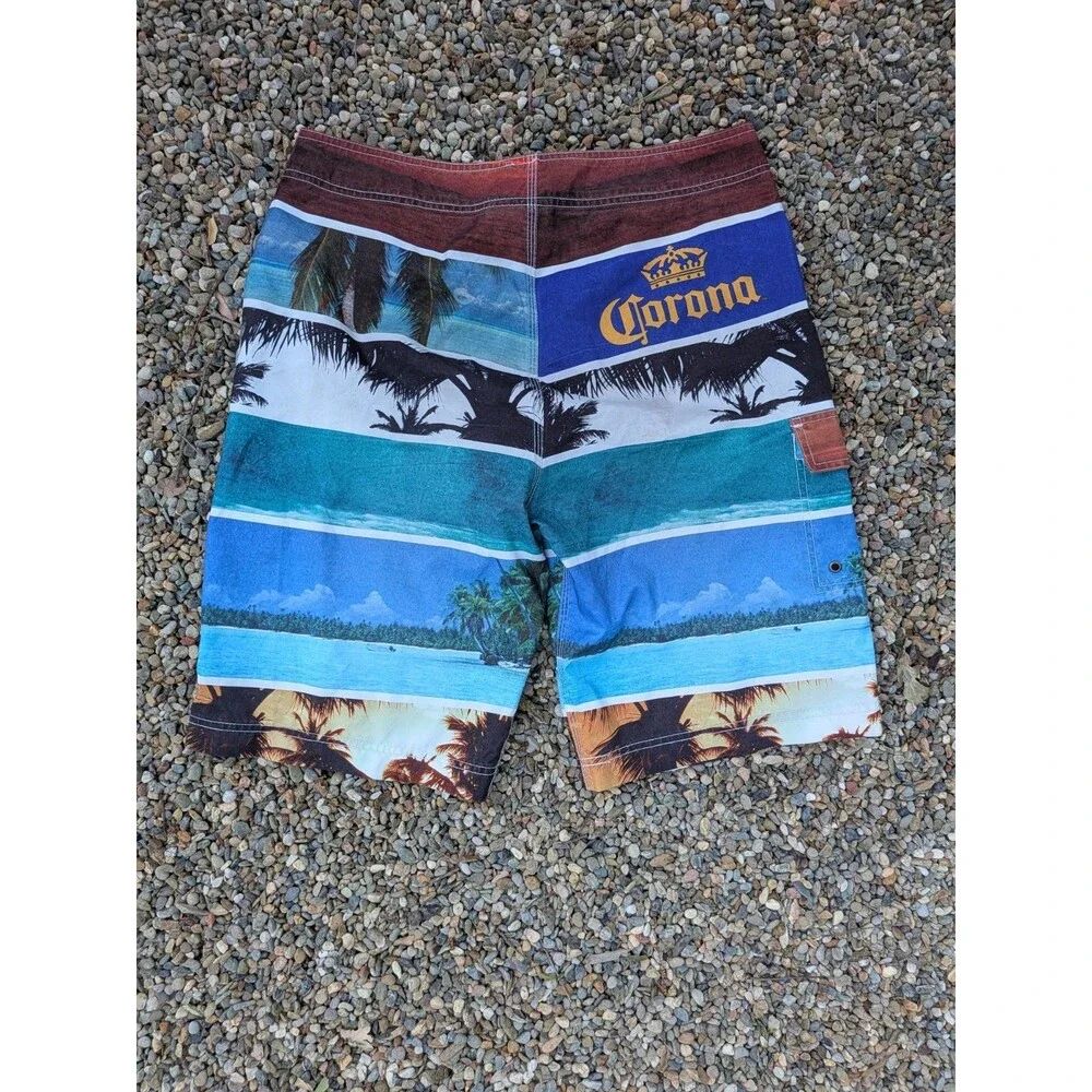 Corona Extra Board Shorts Size 34 Blue Red Colorblock Palm Tree Ocean